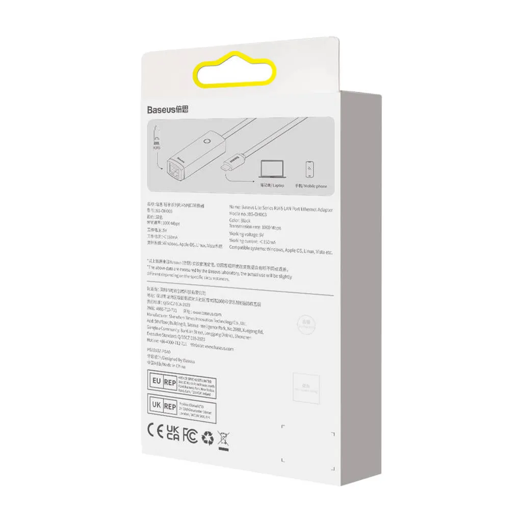 Baseus Lite Series external USB Type C network adapter - RJ-45 1Gbps (1000Mbps) black