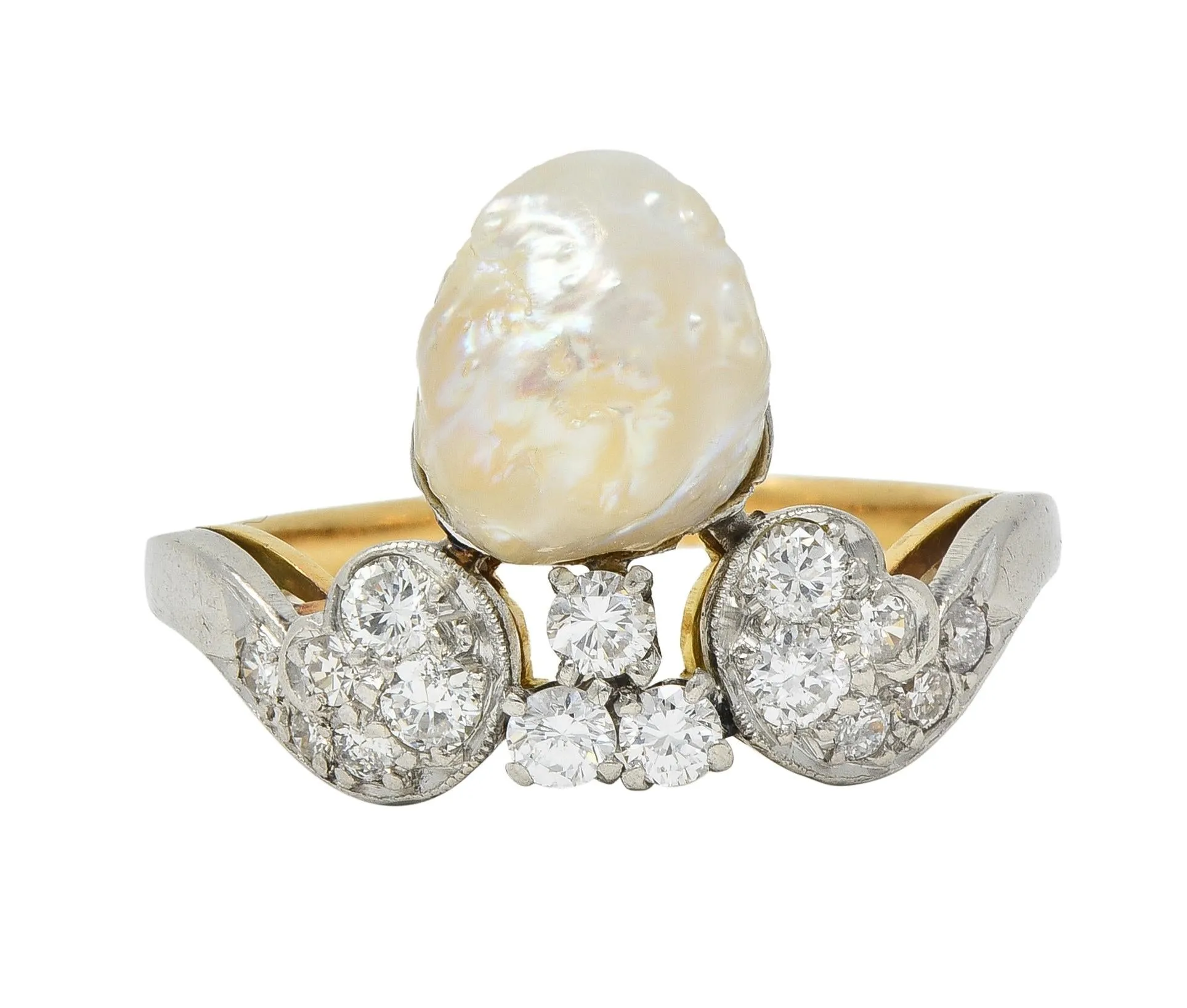 Belle Epoque Baroque Pearl Diamond Platinum 18 Karat Yellow Gold Antique Duchess Tiara Ring