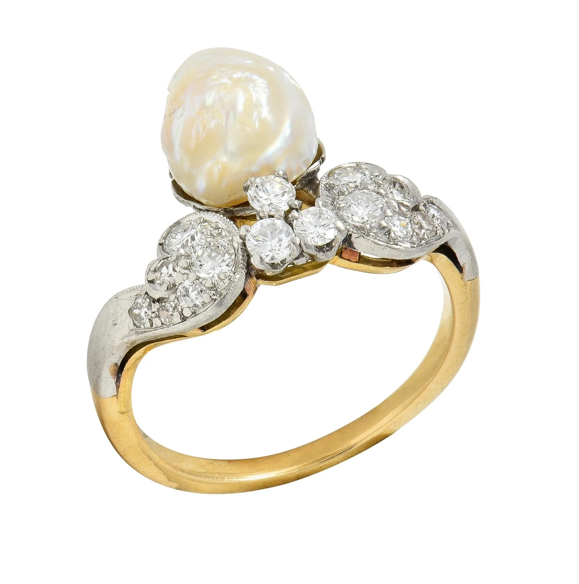 Belle Epoque Baroque Pearl Diamond Platinum 18 Karat Yellow Gold Antique Duchess Tiara Ring