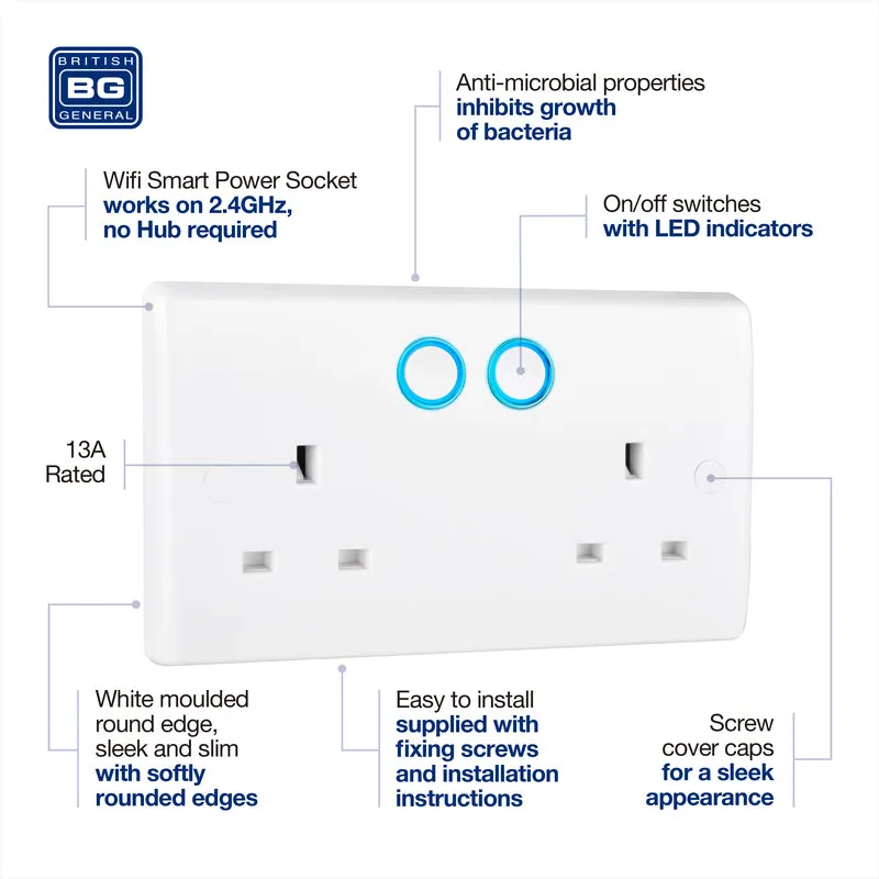 BG 822/HC White Moulded Slim Double Switched 13A Power Socket with Smart Home Control
