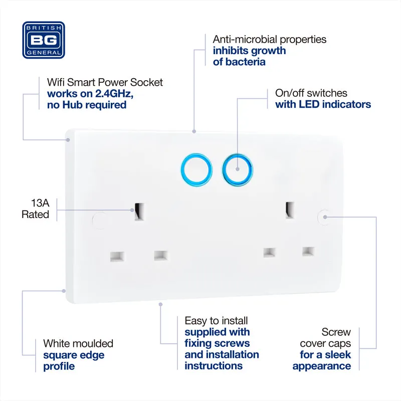 BG 922/HC White Moulded Square Edge Double Switched 13A Power Socket with Smart Home Control