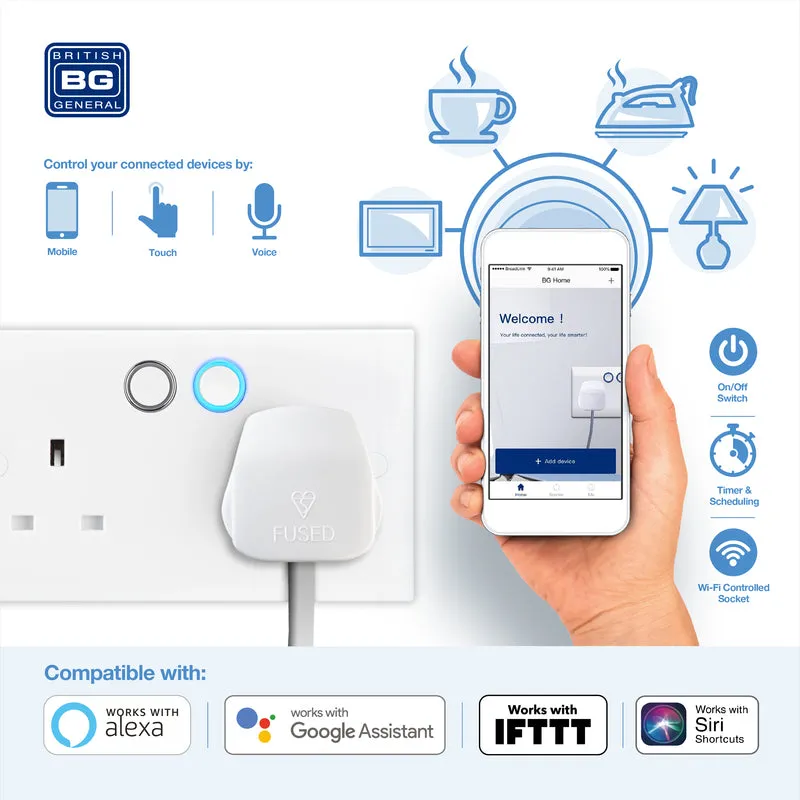 BG 922/HC White Moulded Square Edge Double Switched 13A Power Socket with Smart Home Control
