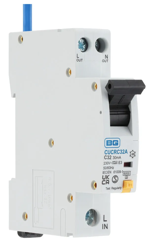 BG CUCRC32A 32A SP 1 Module C Curve 6kA 30mA Type A Compact RCBO