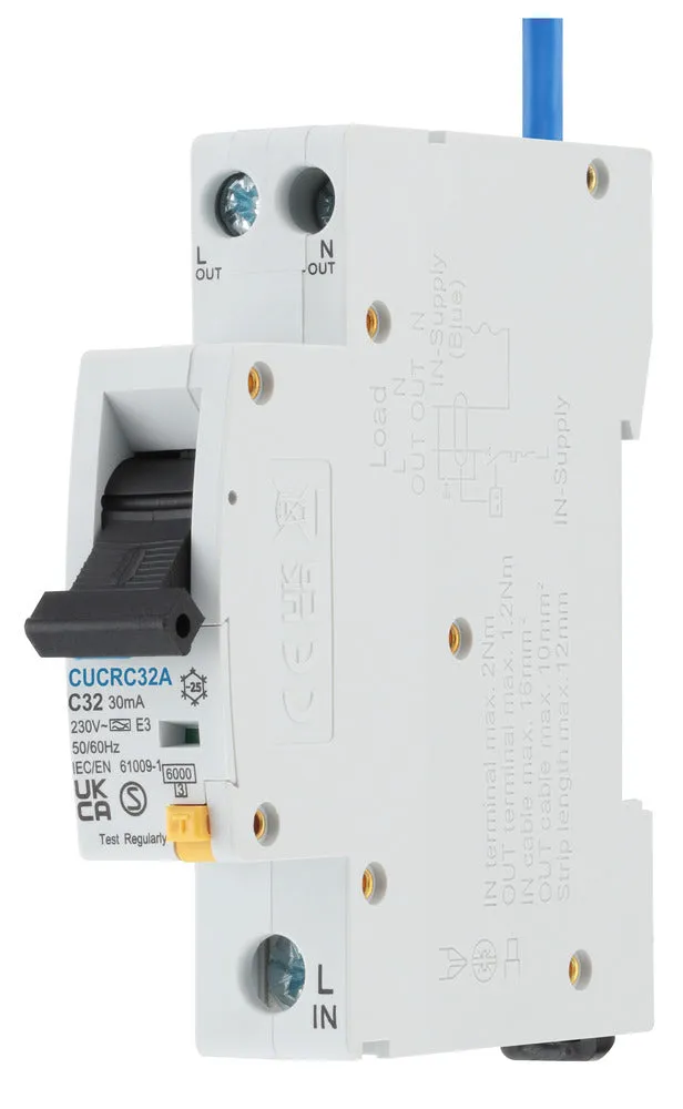 BG CUCRC32A 32A SP 1 Module C Curve 6kA 30mA Type A Compact RCBO