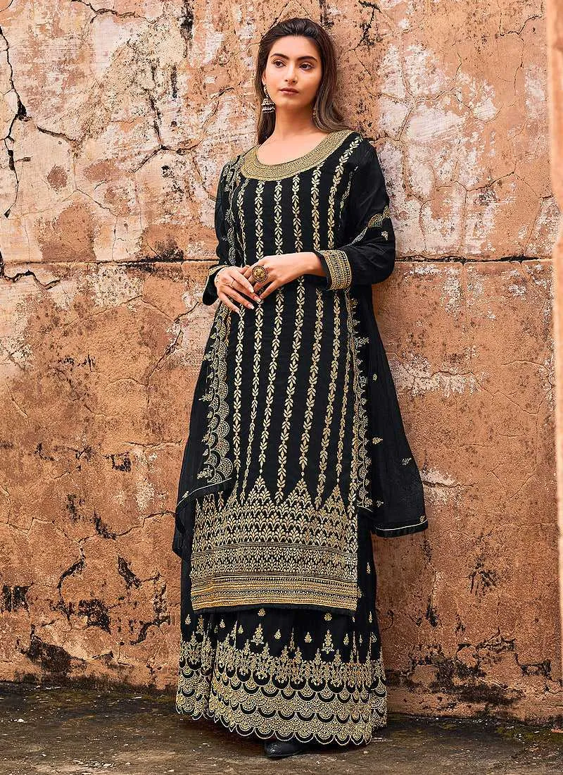 Black and Gold Heavy Embroidered Designer Palazzo Style Suit