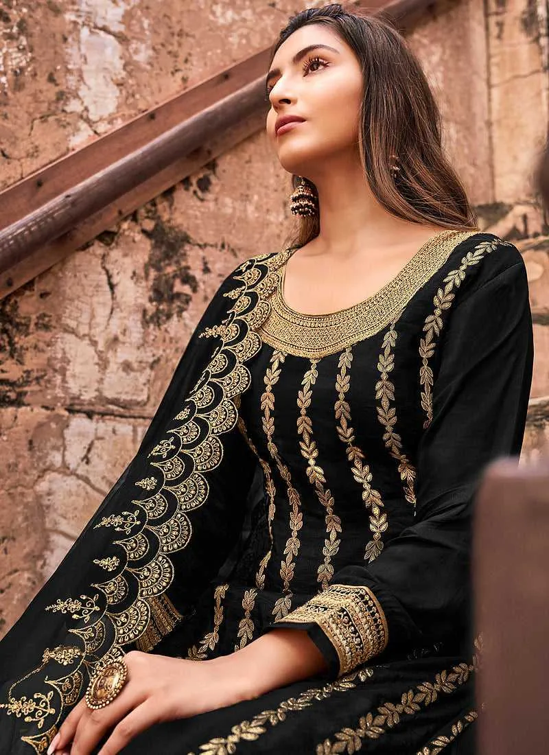 Black and Gold Heavy Embroidered Designer Palazzo Style Suit