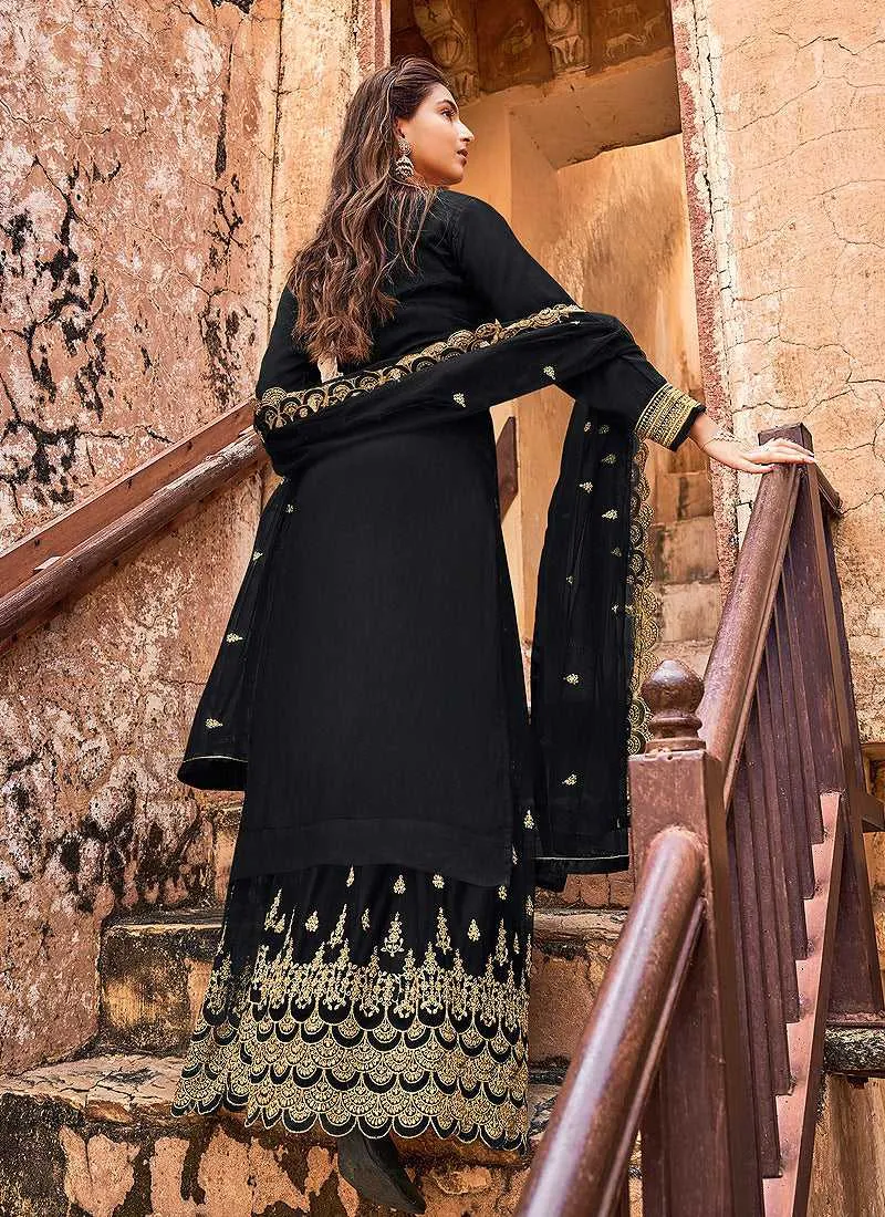 Black and Gold Heavy Embroidered Designer Palazzo Style Suit