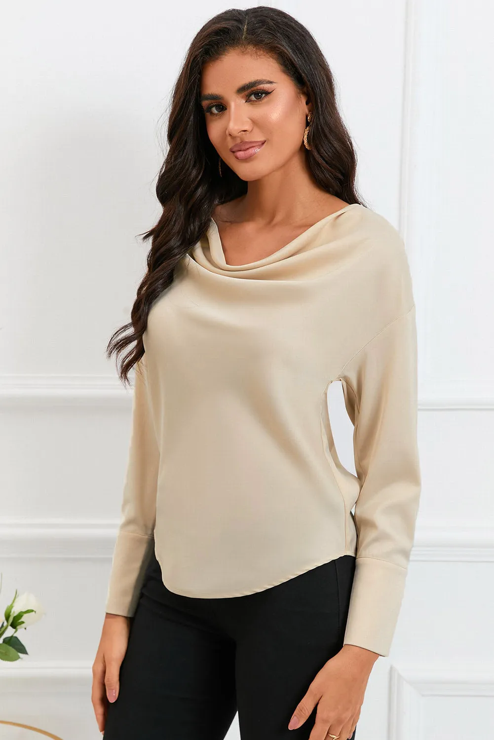 Black Cowl Neck Long Sleeve Elegant Blouse