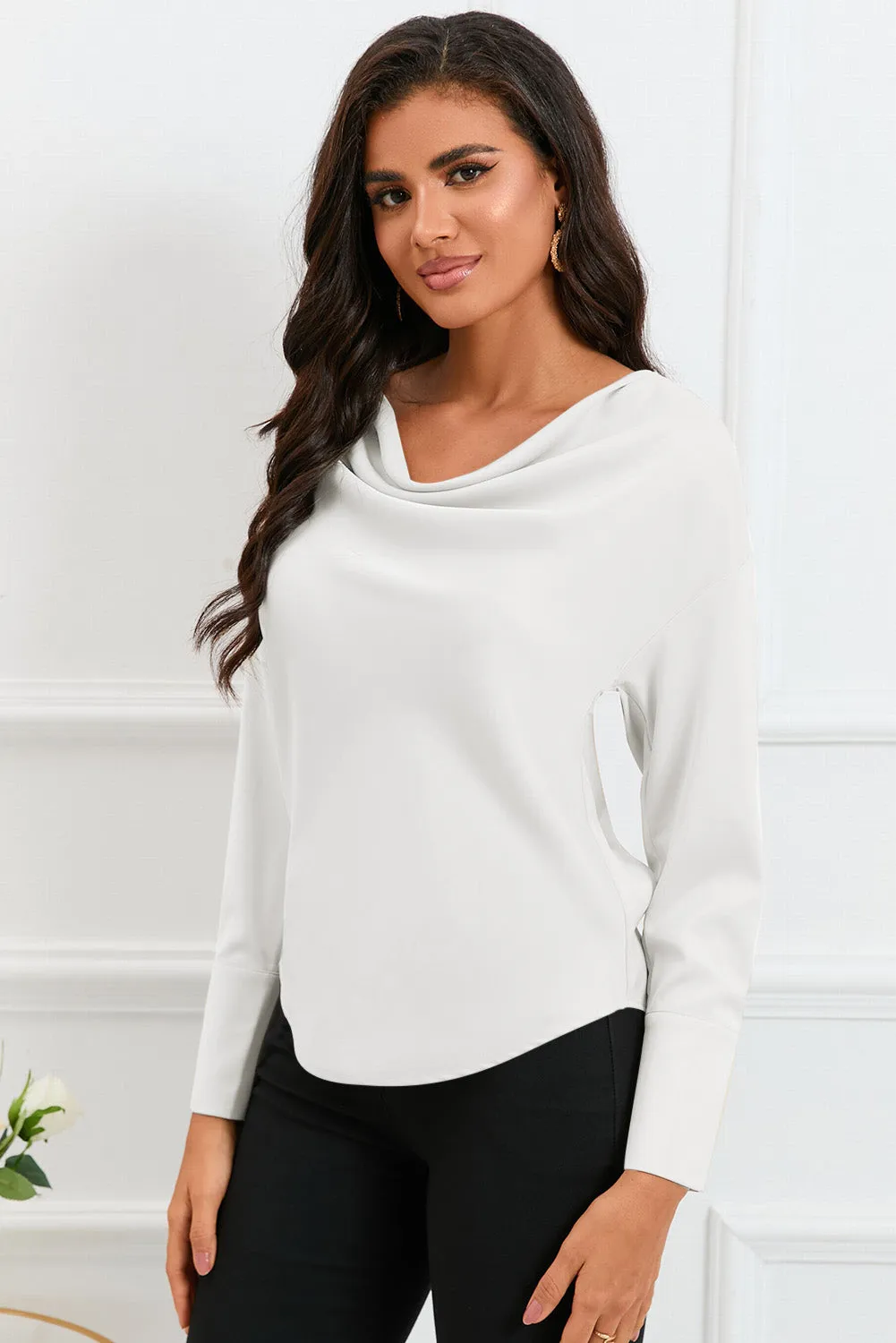 Black Cowl Neck Long Sleeve Elegant Blouse