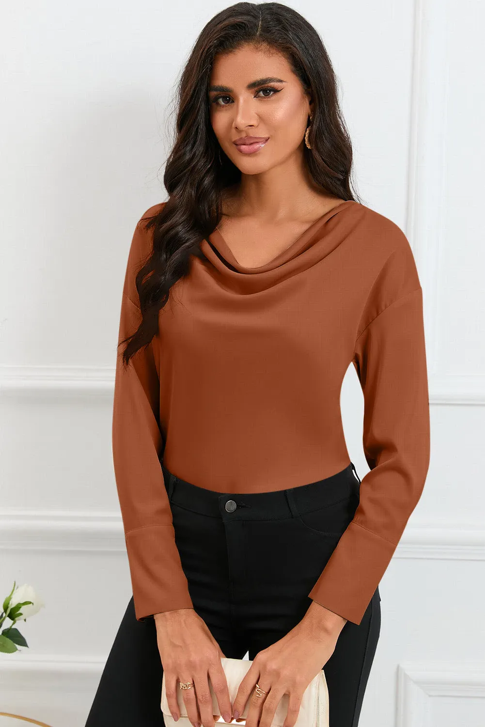 Black Cowl Neck Long Sleeve Elegant Blouse