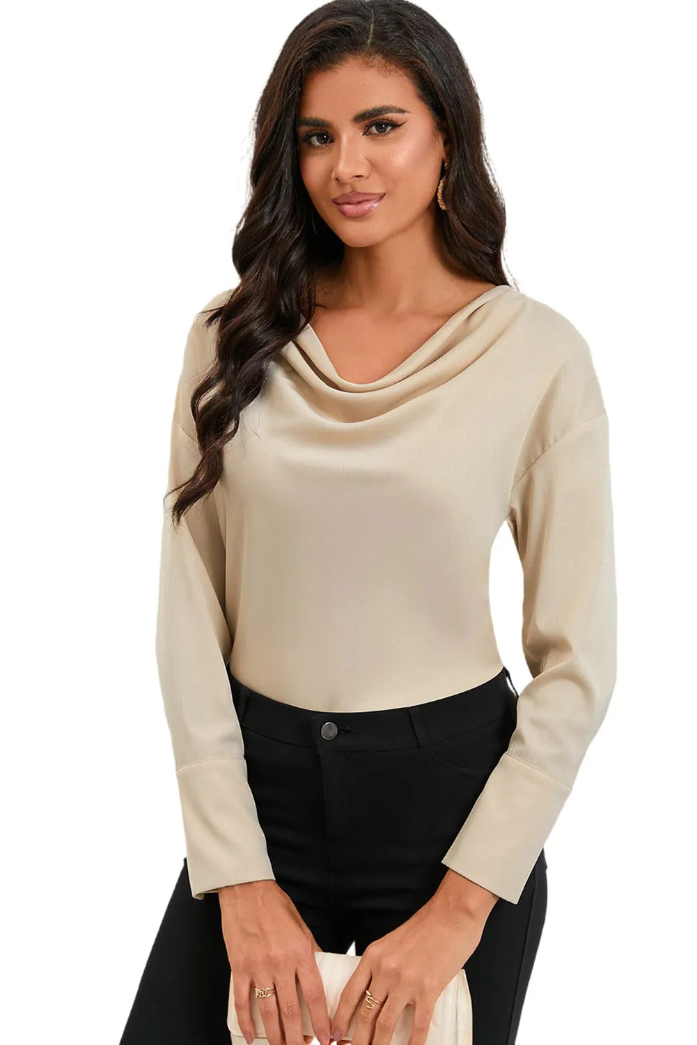Black Cowl Neck Long Sleeve Elegant Blouse