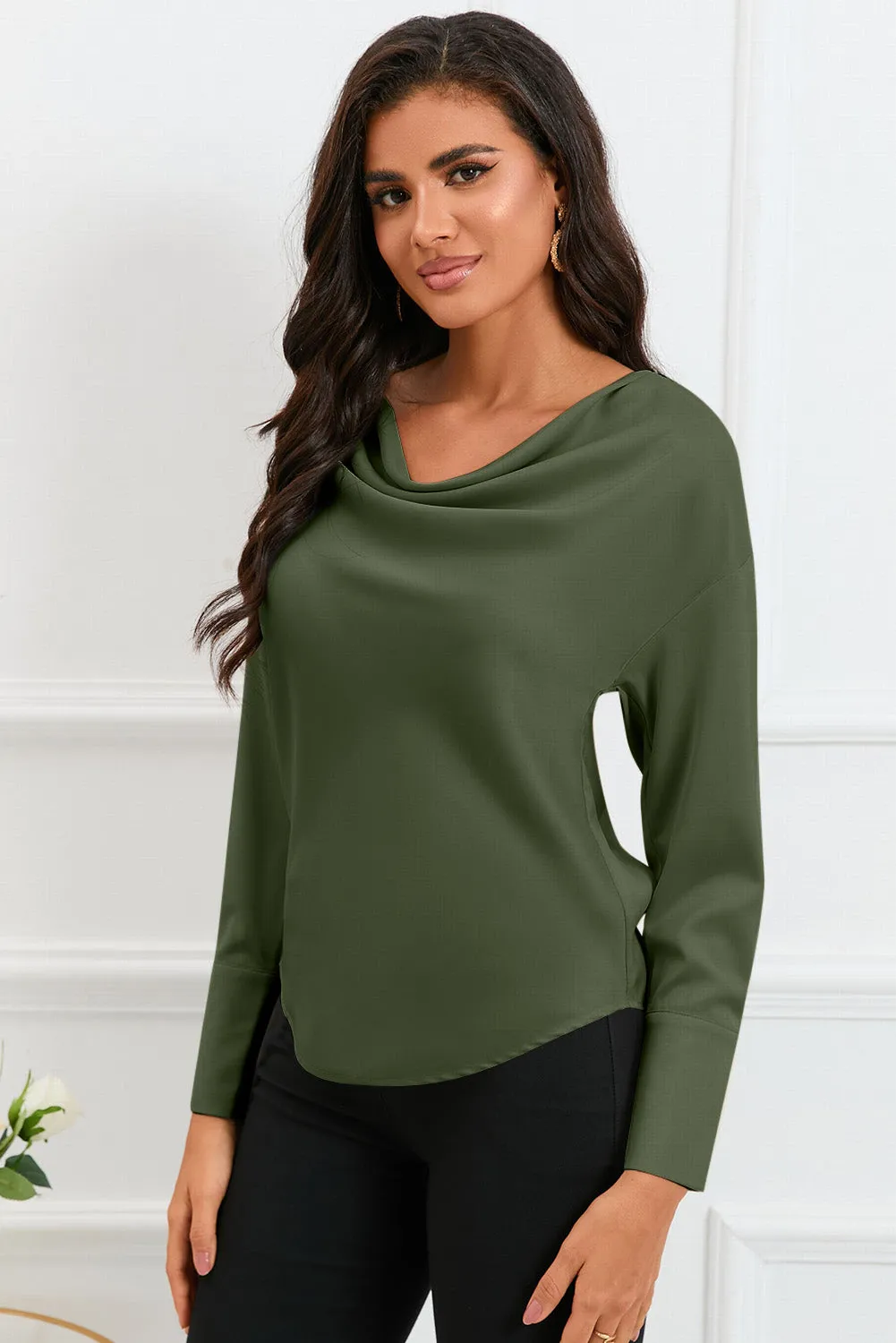 Black Cowl Neck Long Sleeve Elegant Blouse