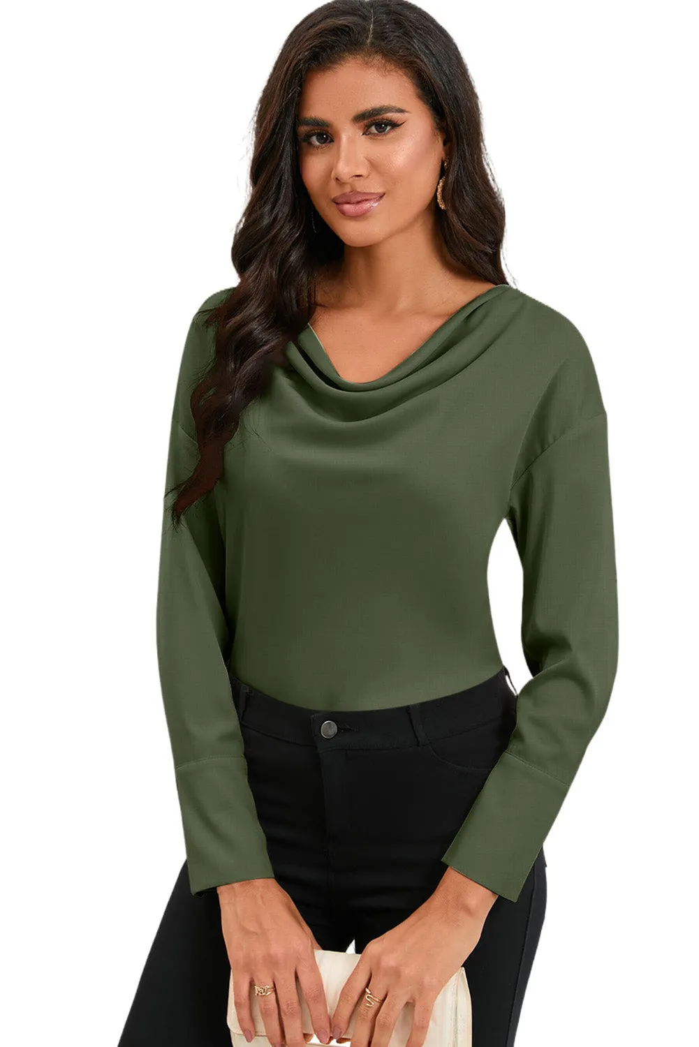 Black Cowl Neck Long Sleeve Elegant Blouse