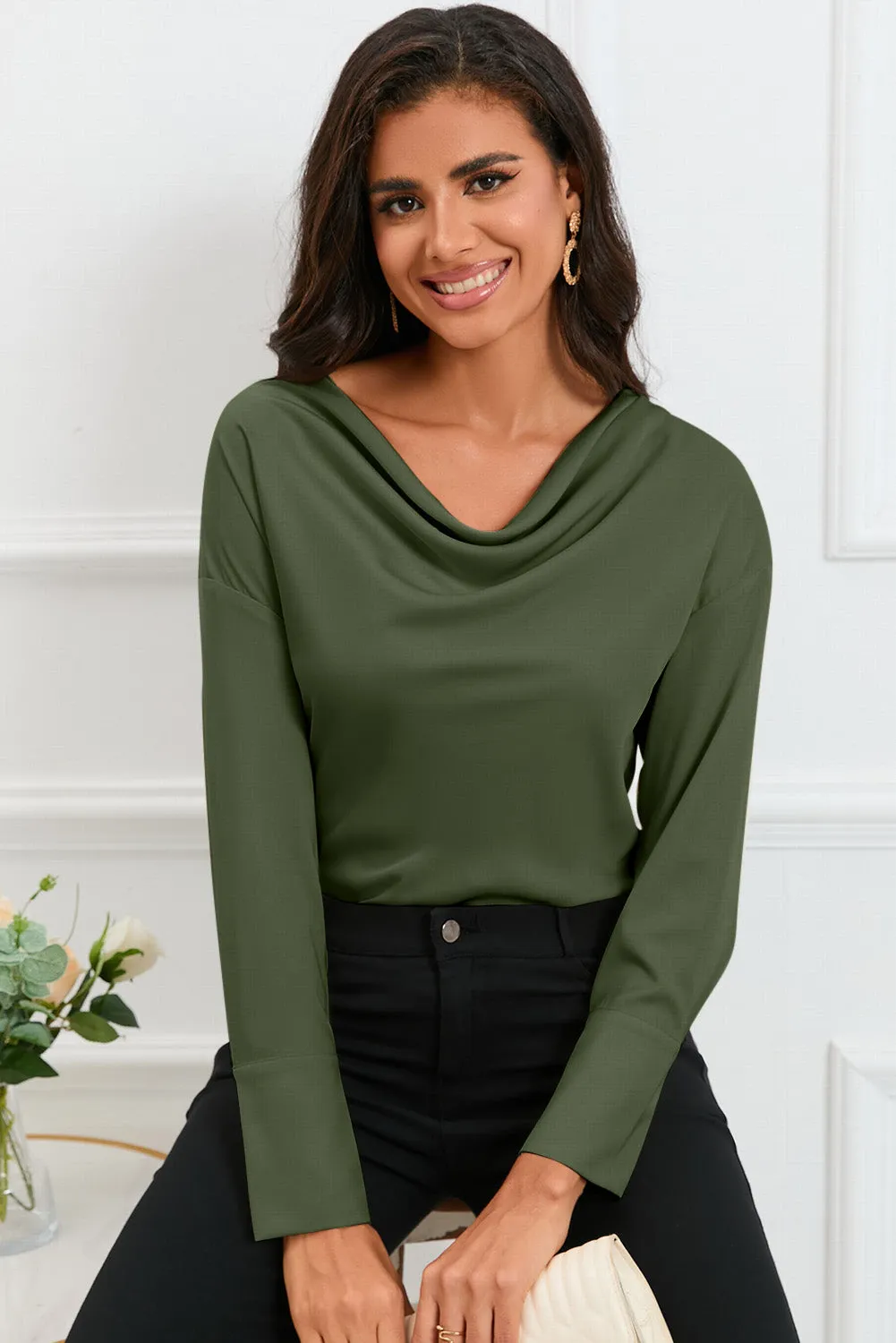 Black Cowl Neck Long Sleeve Elegant Blouse