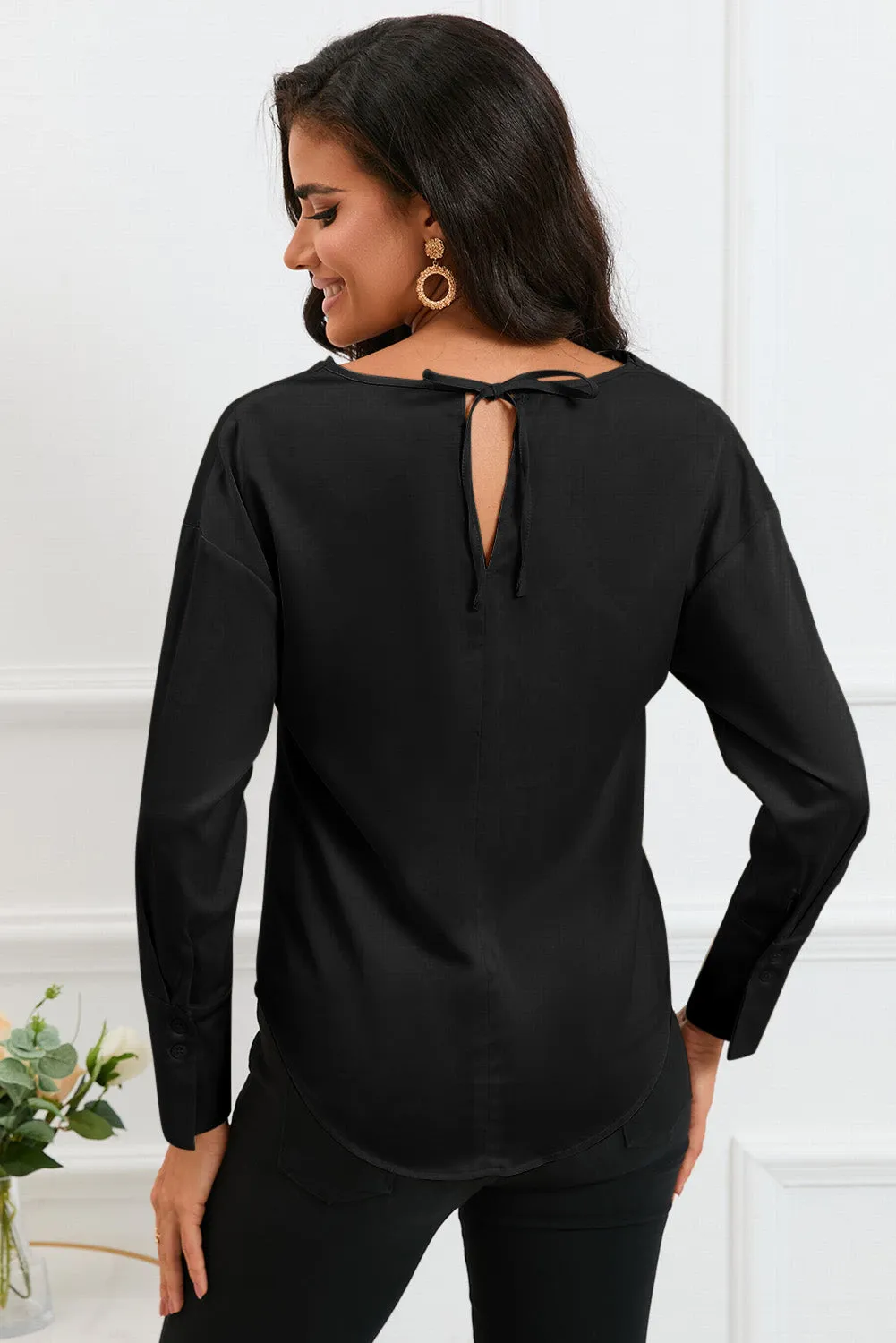 Black Cowl Neck Long Sleeve Elegant Blouse