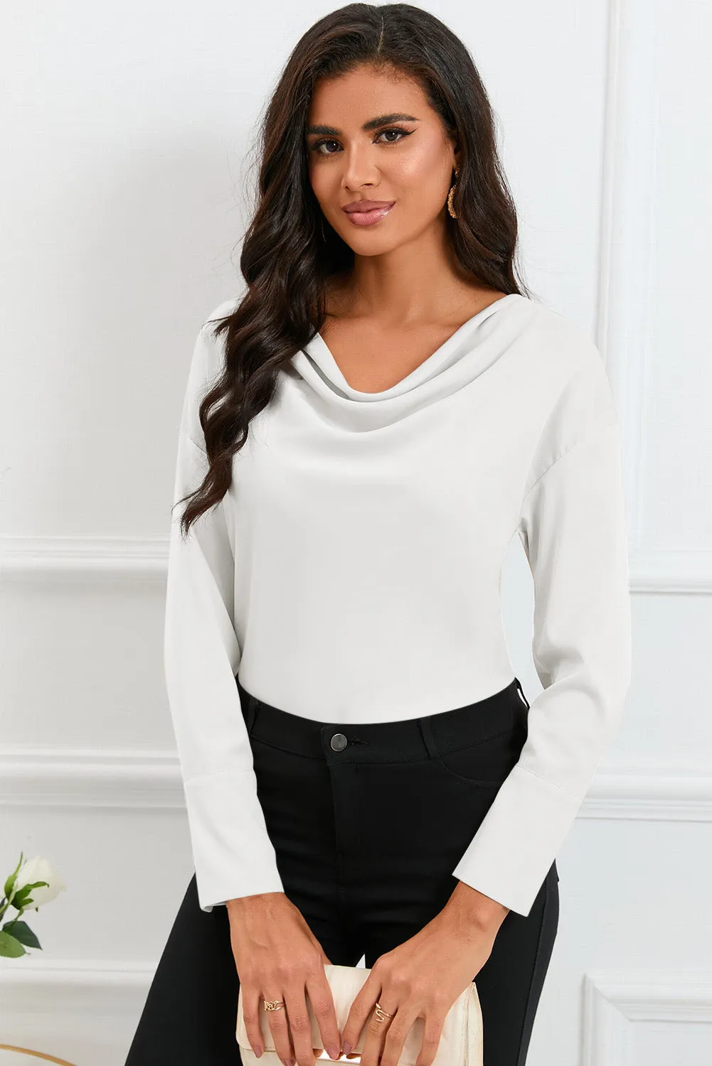 Black Cowl Neck Long Sleeve Elegant Blouse
