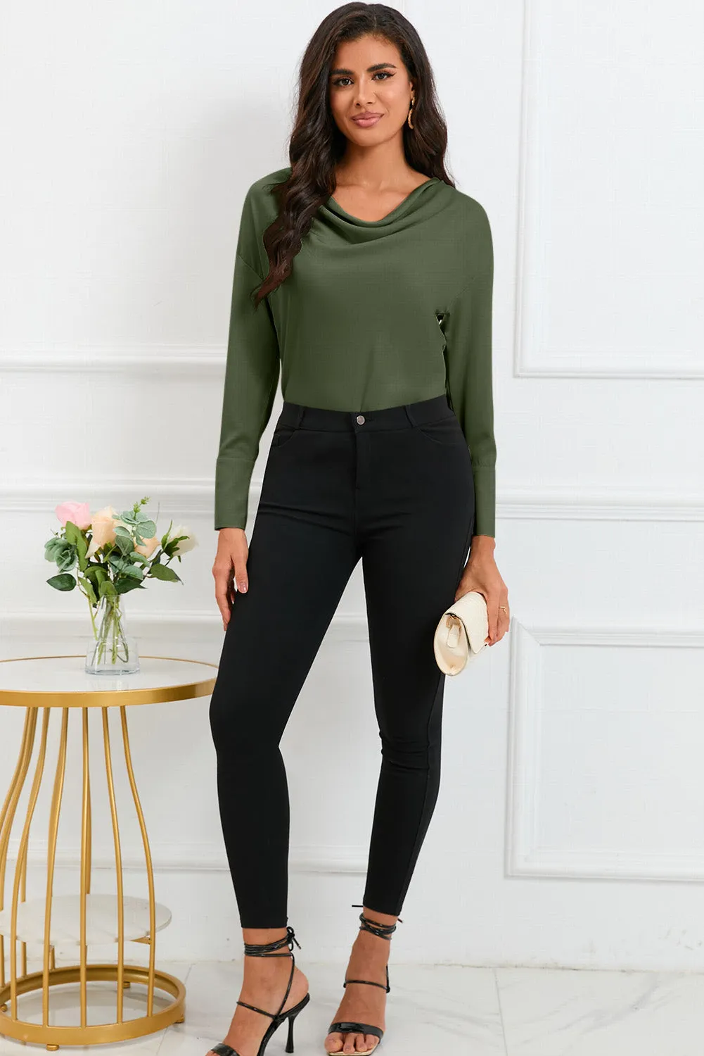 Black Cowl Neck Long Sleeve Elegant Blouse