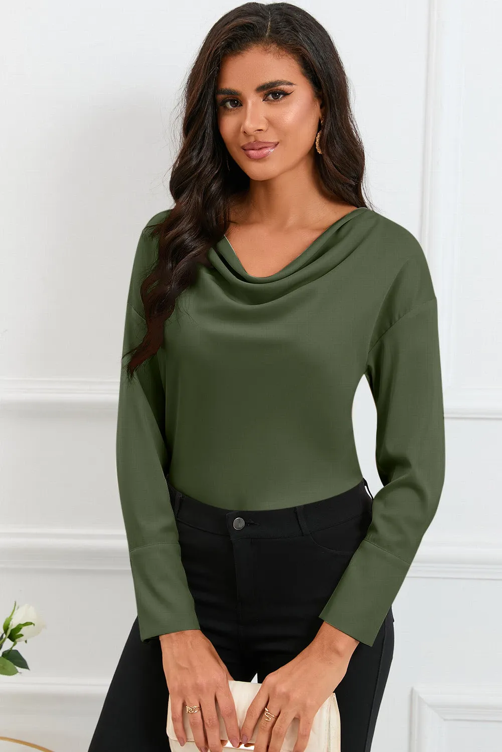 Black Cowl Neck Long Sleeve Elegant Blouse