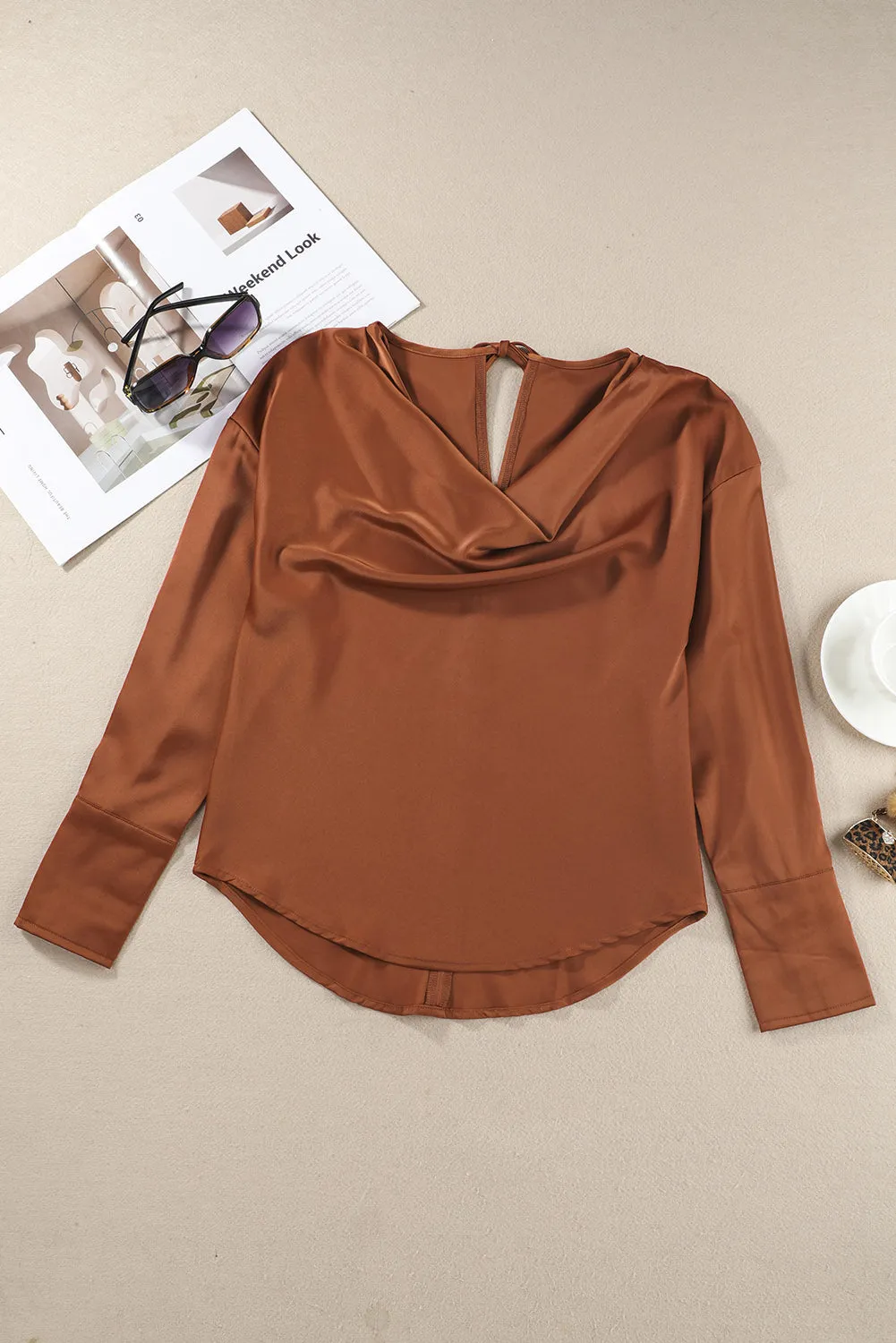 Black Cowl Neck Long Sleeve Elegant Blouse