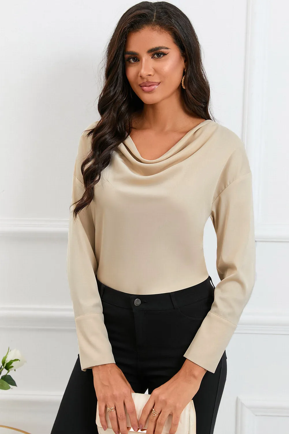 Black Cowl Neck Long Sleeve Elegant Blouse