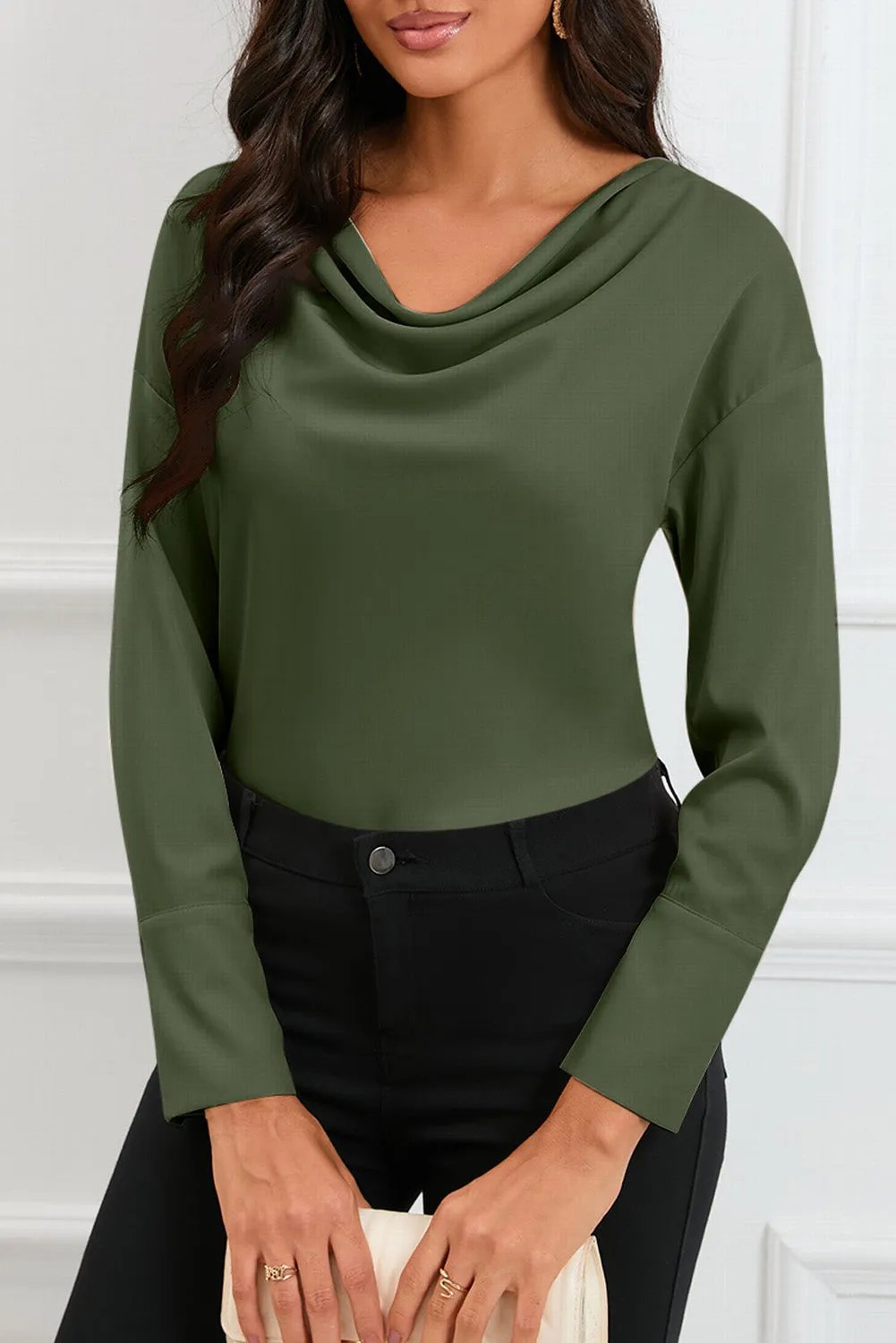 Black Cowl Neck Long Sleeve Elegant Blouse