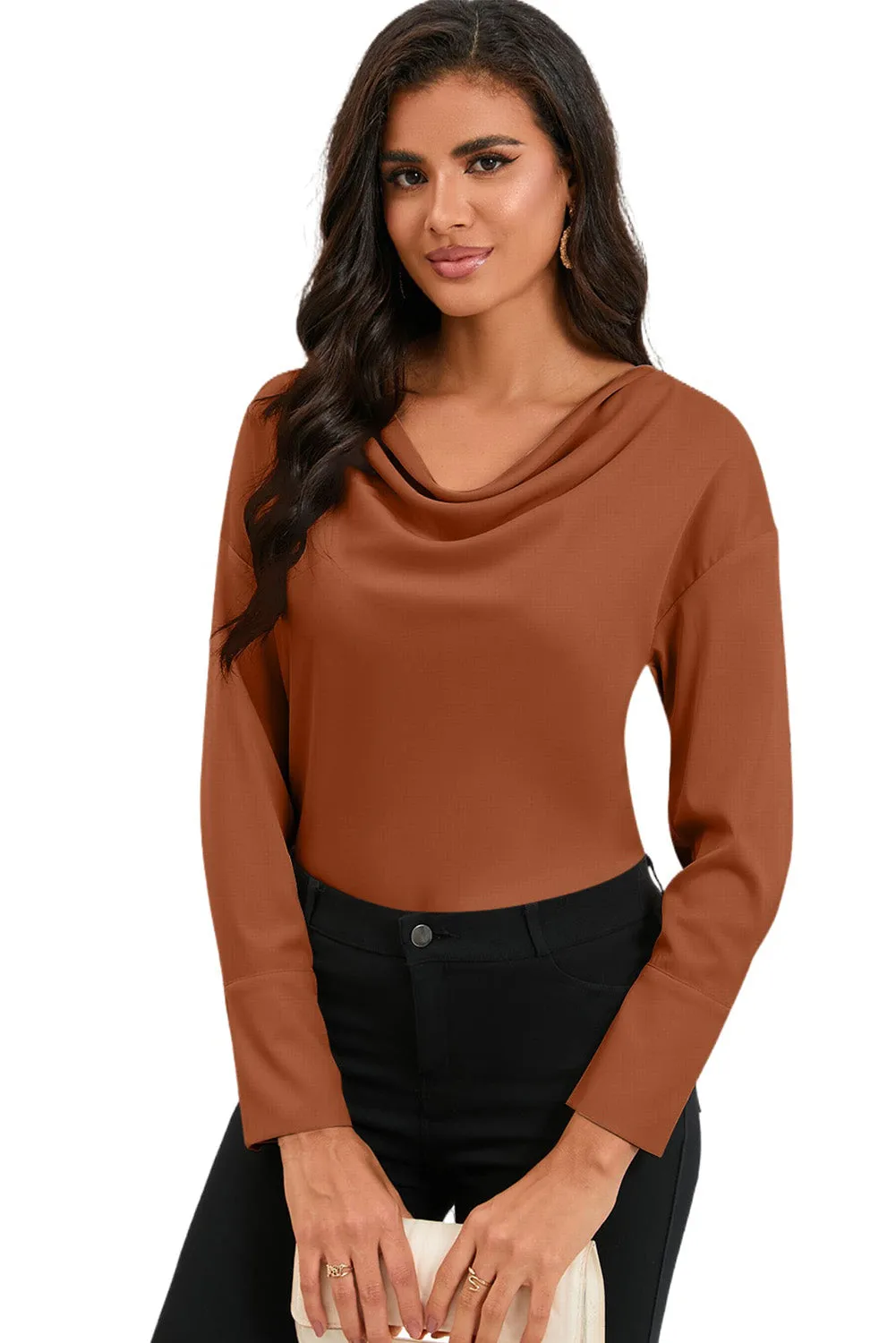 Black Cowl Neck Long Sleeve Elegant Blouse
