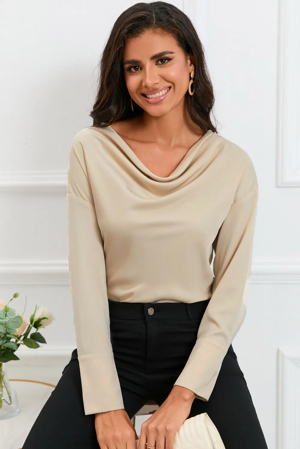 Black Cowl Neck Long Sleeve Elegant Blouse