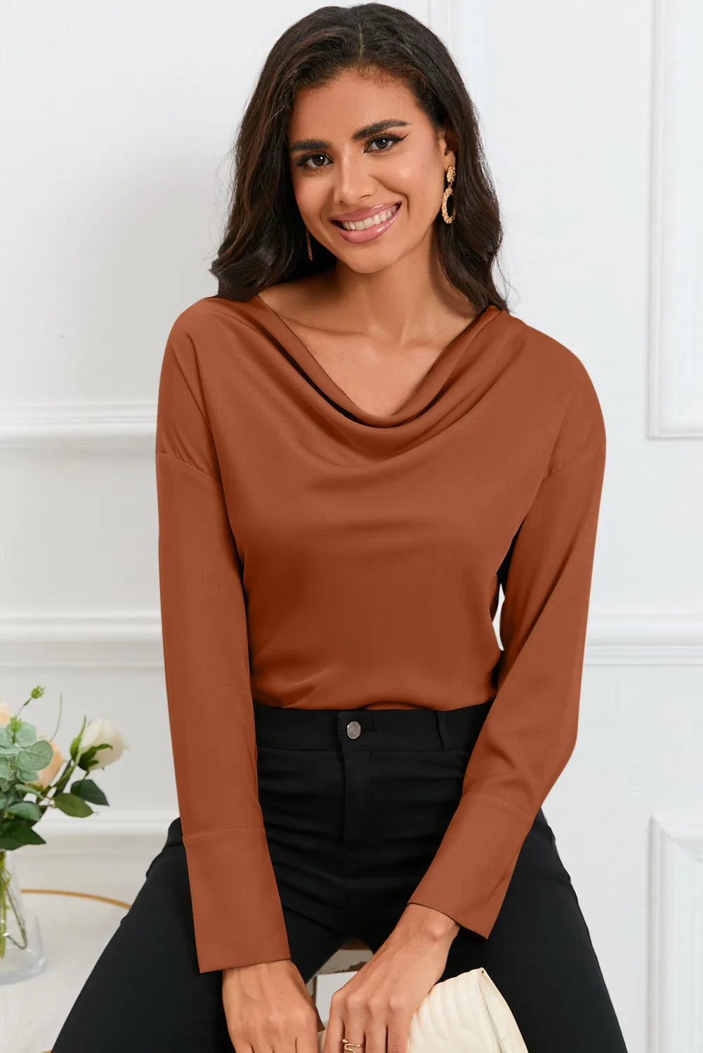 Black Cowl Neck Long Sleeve Elegant Blouse
