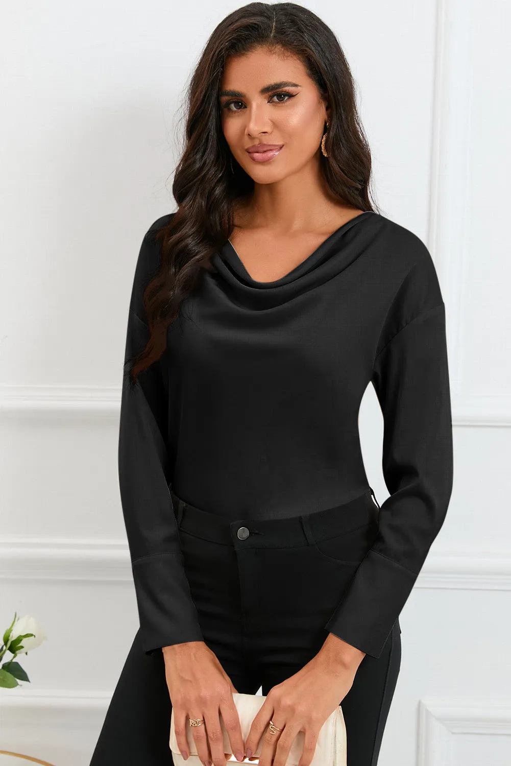 Black Cowl Neck Long Sleeve Elegant Blouse