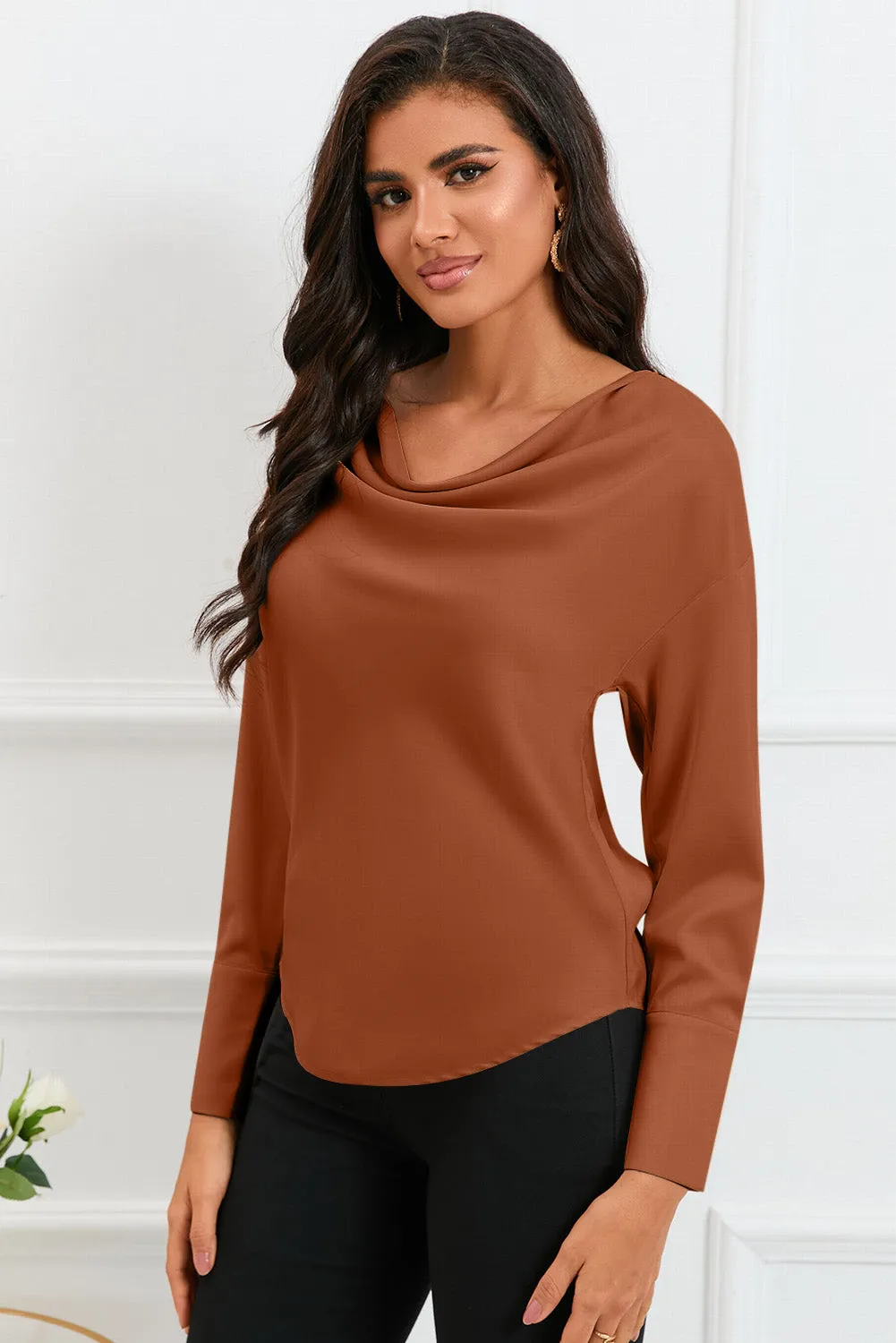 Black Cowl Neck Long Sleeve Elegant Blouse