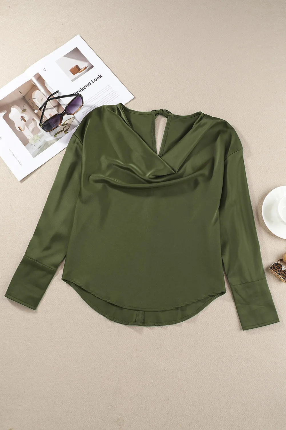 Black Cowl Neck Long Sleeve Elegant Blouse
