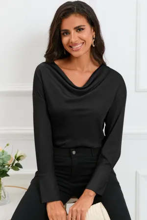 Black Cowl Neck Long Sleeve Elegant Blouse