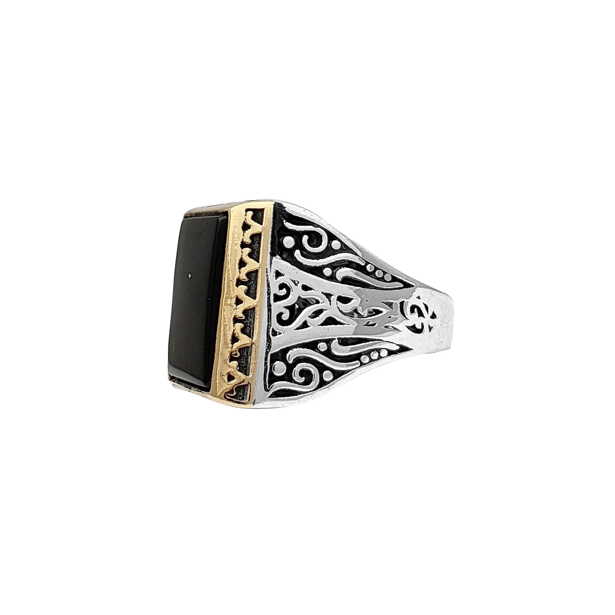 Black Onyx Antique-Finish Men's Ring (Silver)