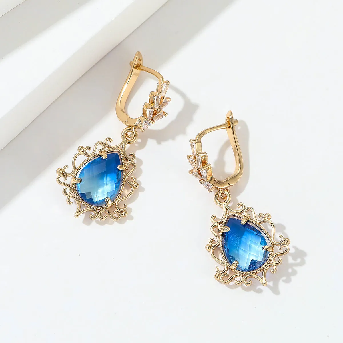 Blue Crystal & 18K Gold-Plated Scroll Drop Huggie Earrings
