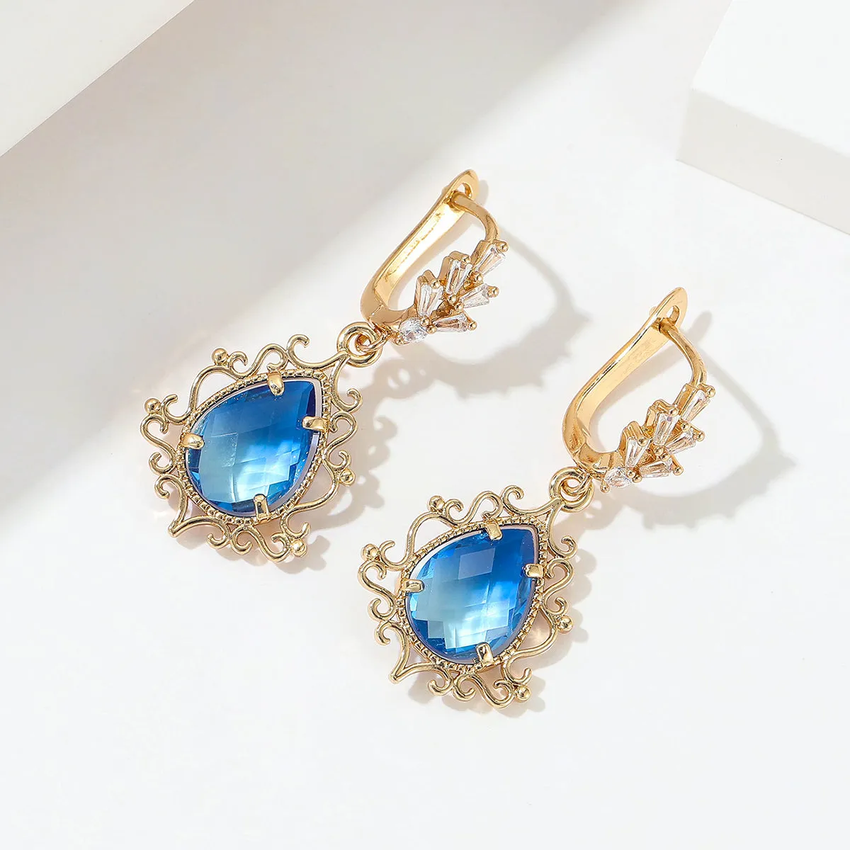 Blue Crystal & 18K Gold-Plated Scroll Drop Huggie Earrings