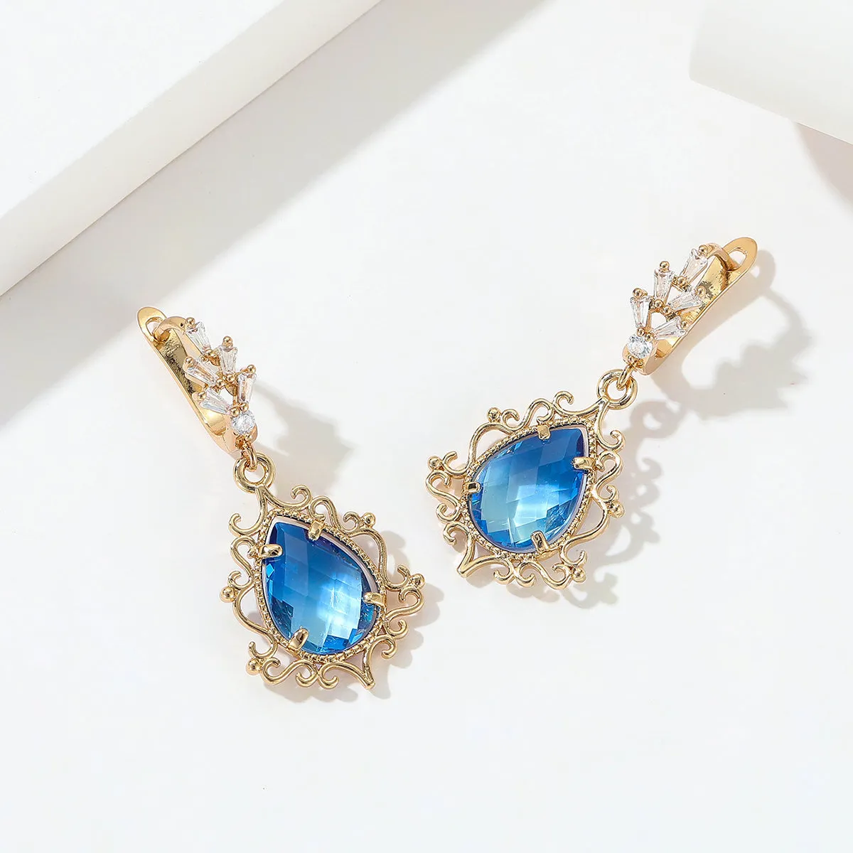 Blue Crystal & 18K Gold-Plated Scroll Drop Huggie Earrings