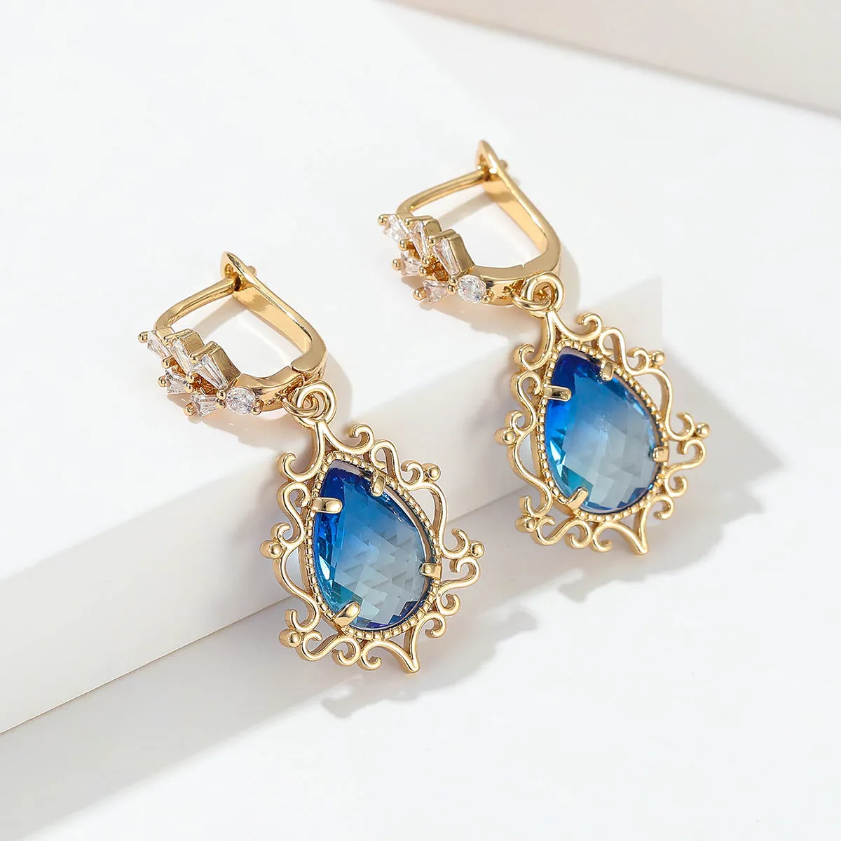 Blue Crystal & 18K Gold-Plated Scroll Drop Huggie Earrings