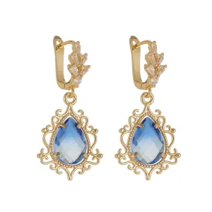 Blue Crystal & 18K Gold-Plated Scroll Drop Huggie Earrings