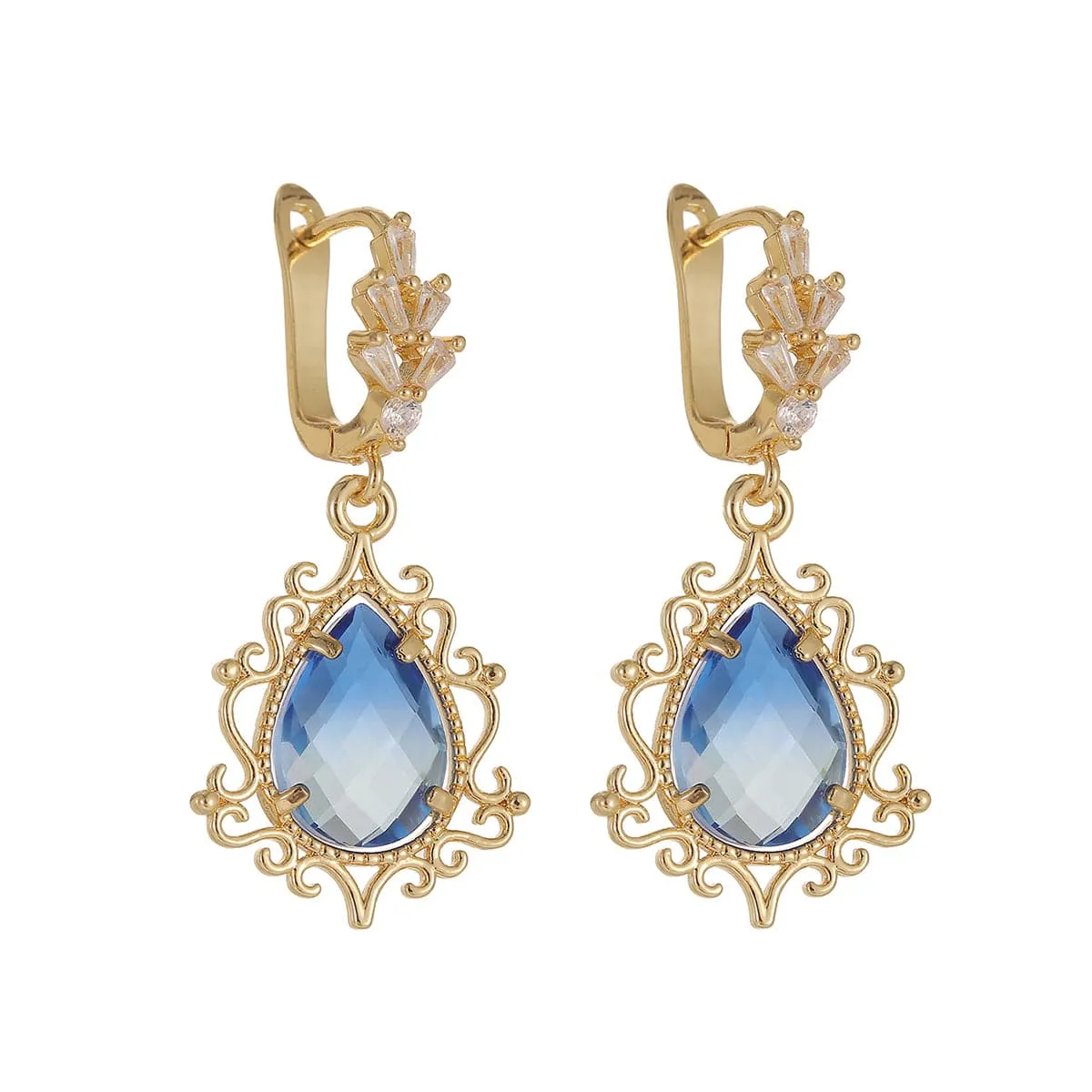 Blue Crystal & 18K Gold-Plated Scroll Drop Huggie Earrings