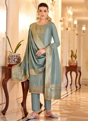 Blue Grey Designer Embroidered Palazzo Suit