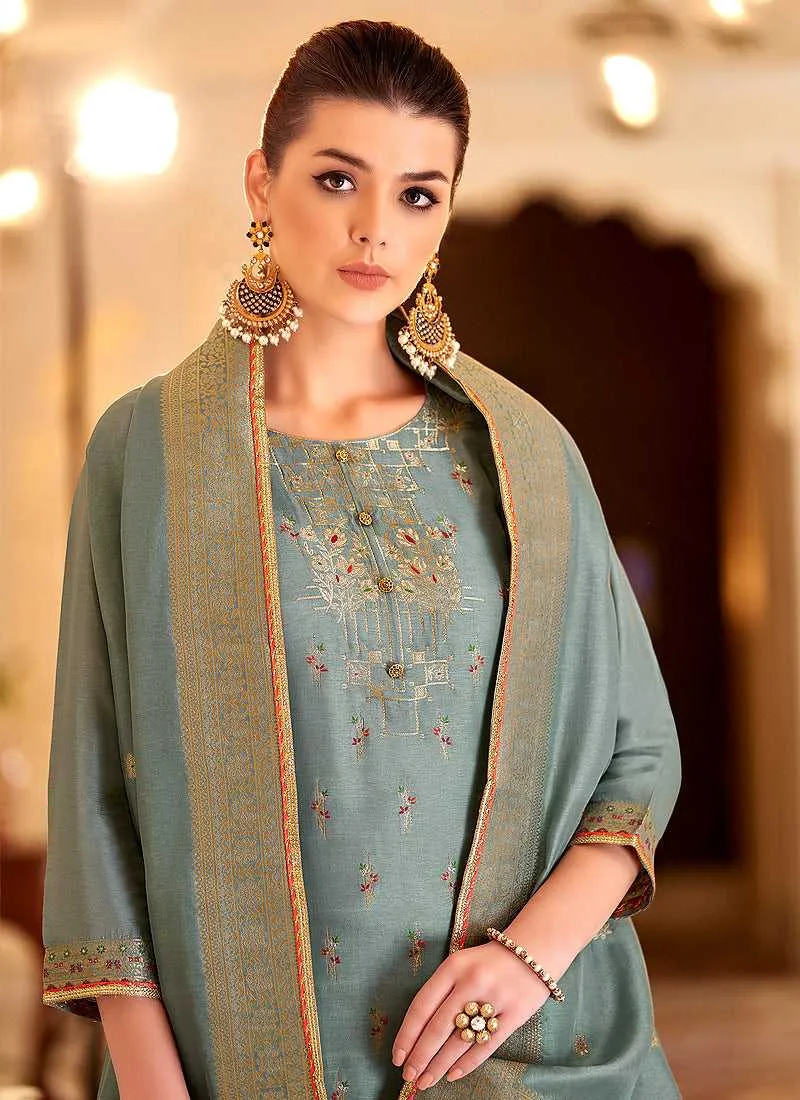 Blue Grey Designer Embroidered Palazzo Suit