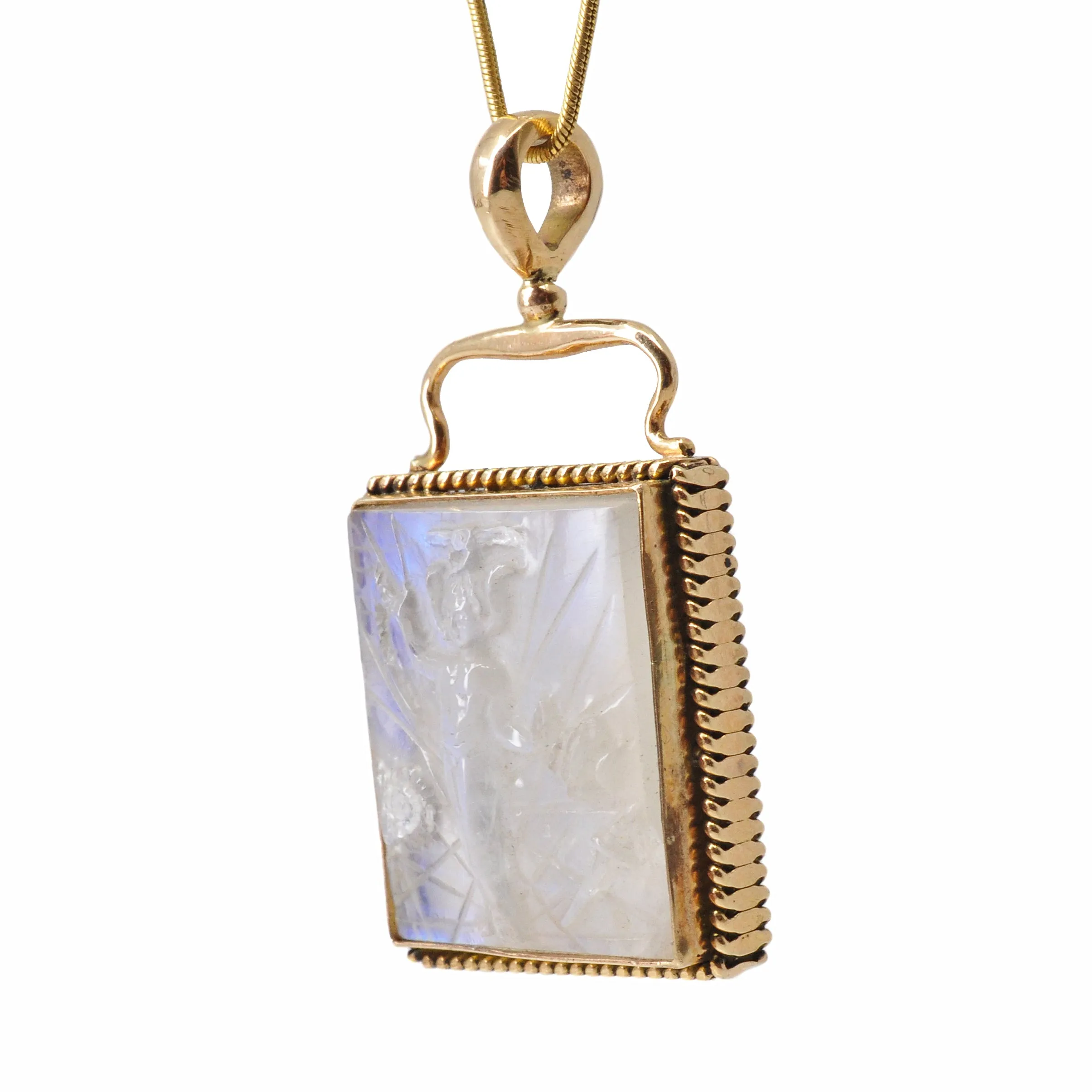 Blue Moonstone 23.35 mm 44.85 carats Magician Carving 14K Handcrafted Gemstone Pendant