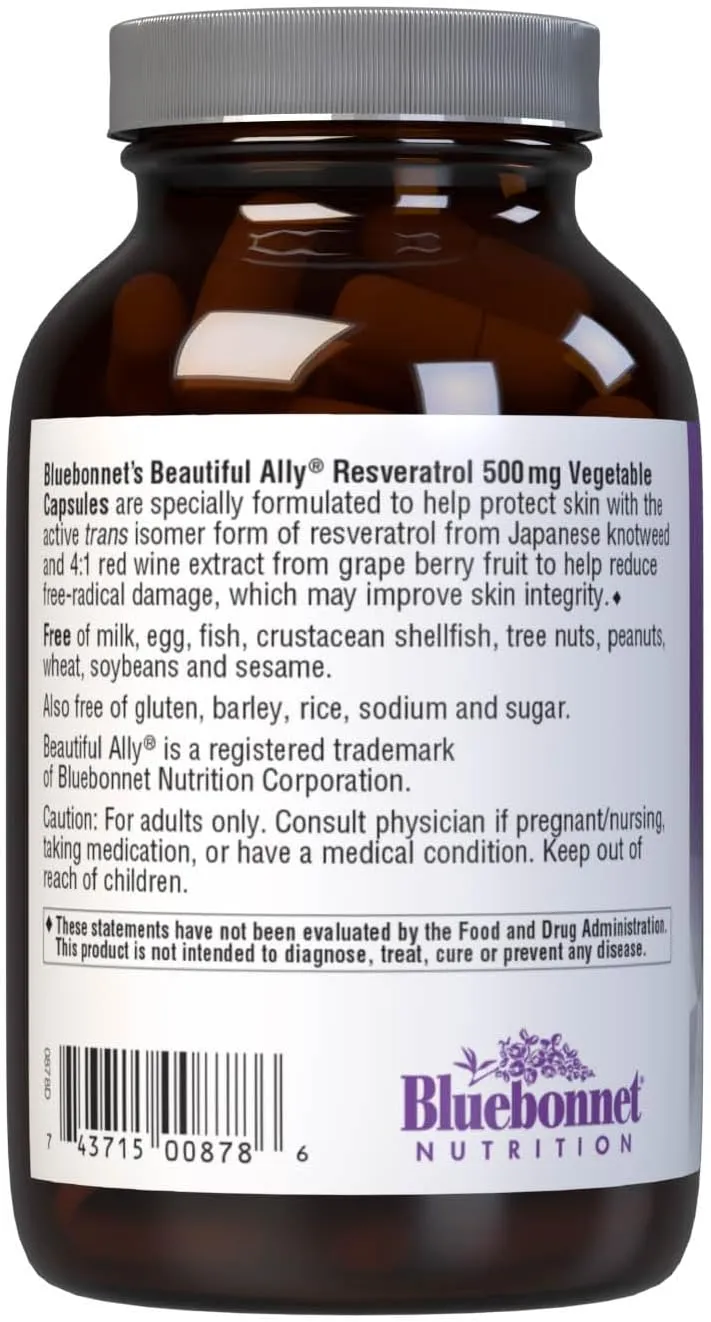 Bluebonnet Nutrition Beautiful Ally Resveratrol 500mg, Protect Skin Integrity*, Non-GMO, Vegan, Gluten-Free, Soy-Free, Dairy-Free, 30 Vegetable Capsules, 30 Servings
