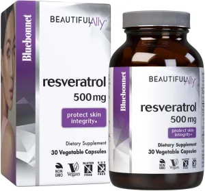Bluebonnet Nutrition Beautiful Ally Resveratrol 500mg, Protect Skin Integrity*, Non-GMO, Vegan, Gluten-Free, Soy-Free, Dairy-Free, 30 Vegetable Capsules, 30 Servings