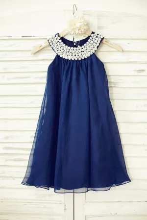 Boho Beach Navy Blue Chiffon Pearl Beaded Neck Flower Girl Dress