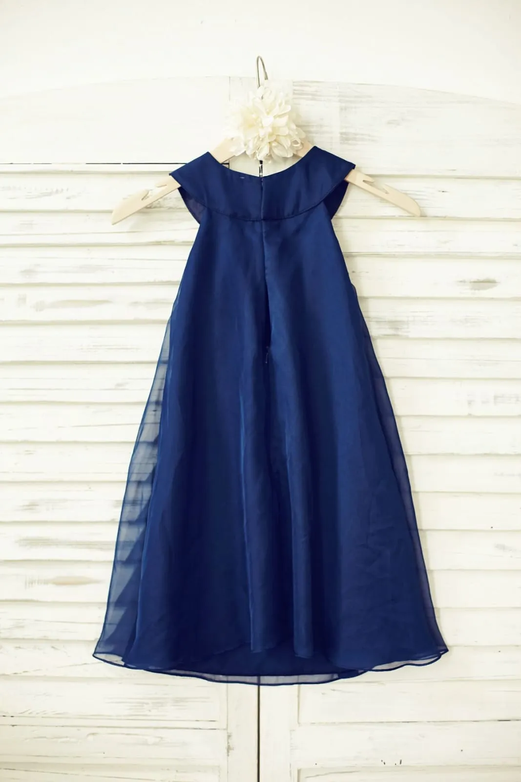 Boho Beach Navy Blue Chiffon Pearl Beaded Neck Flower Girl Dress