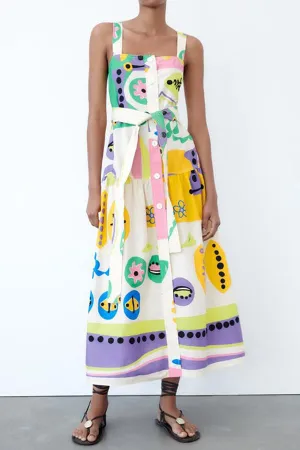 Button-breasted belted wide strap maxi dress