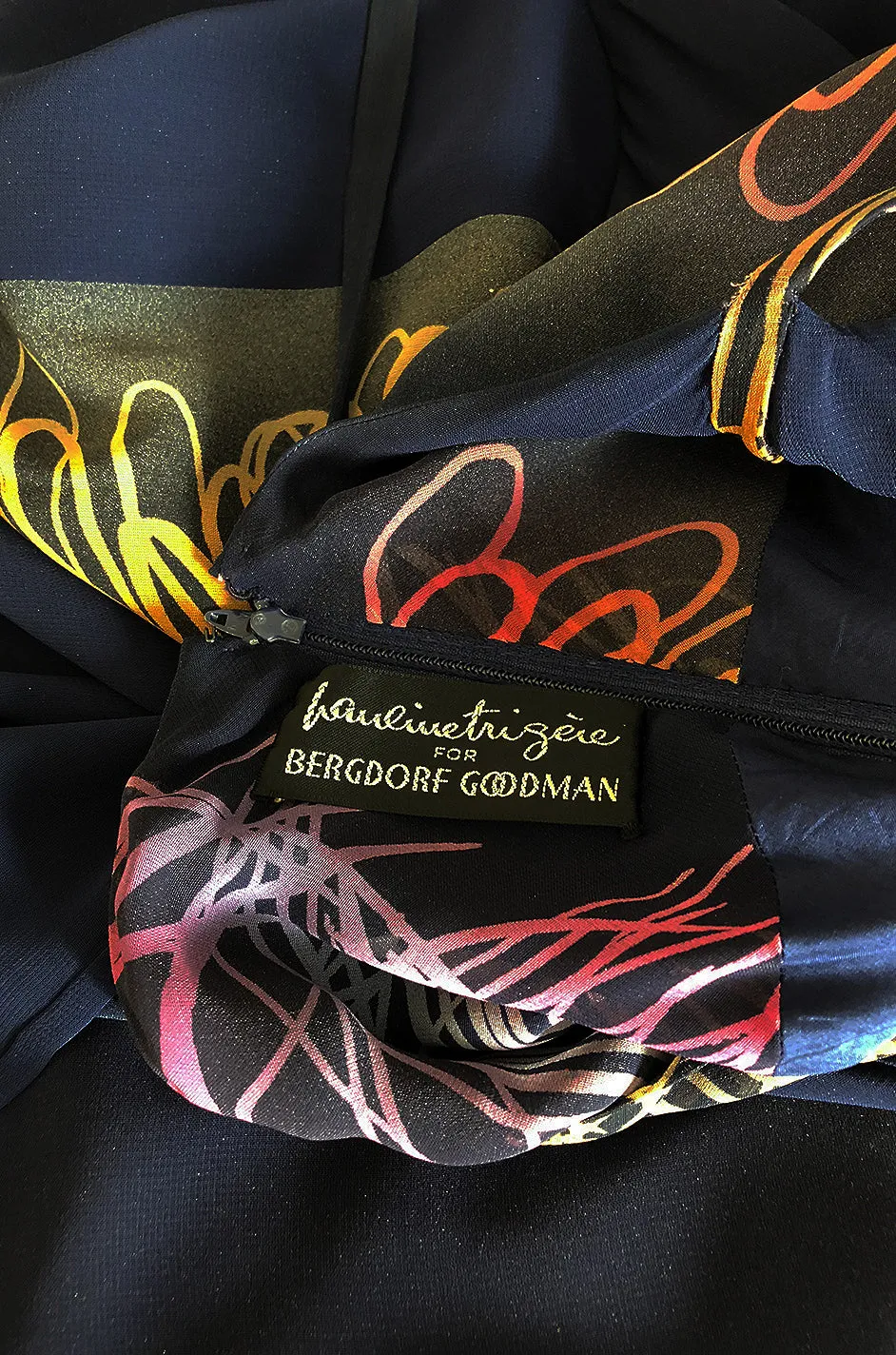 c.1977 Pauline Trigere Silk 'Fireworks' Print Halter Dress & Cape