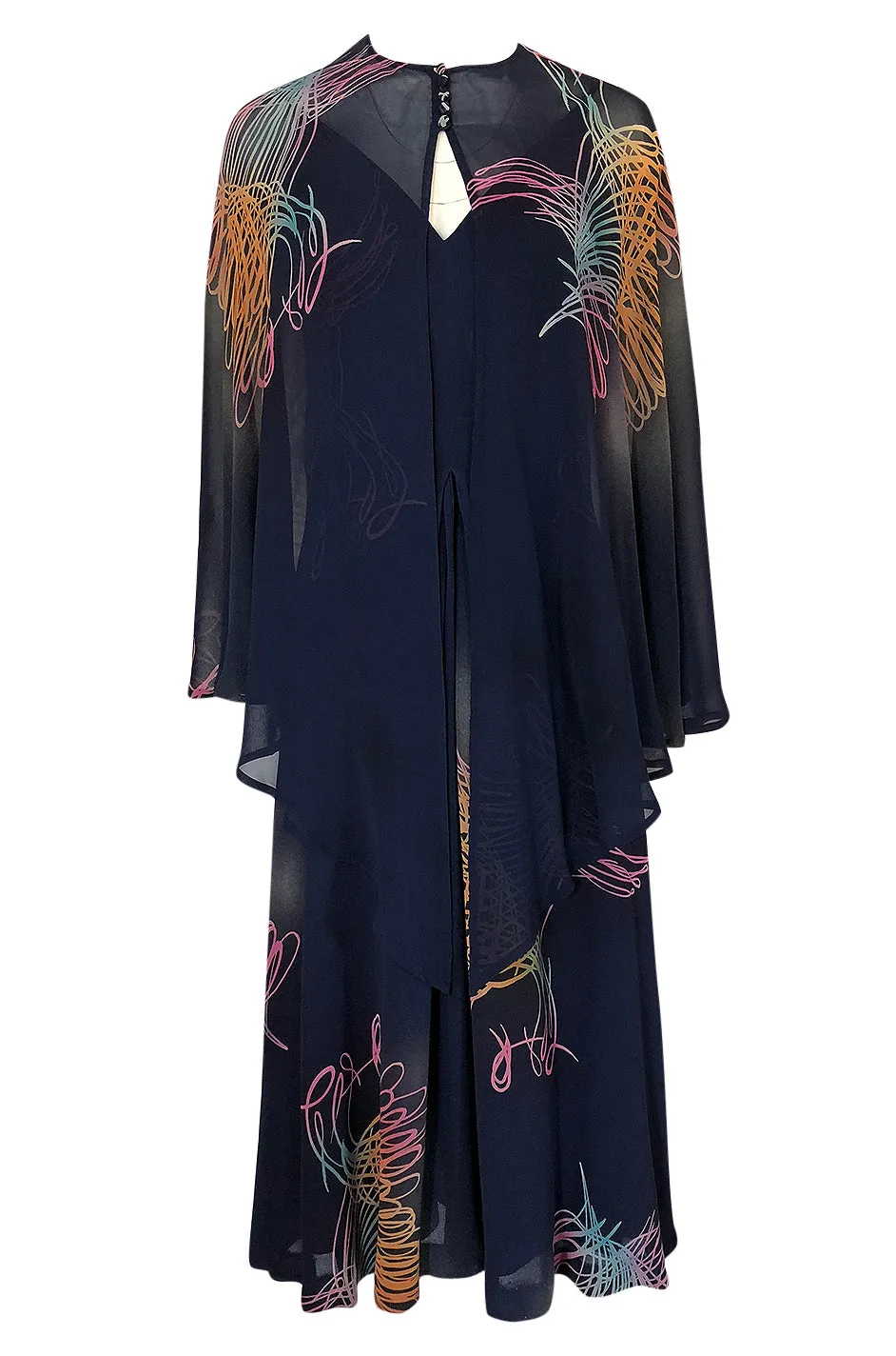 c.1977 Pauline Trigere Silk 'Fireworks' Print Halter Dress & Cape