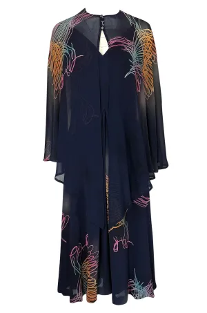 c.1977 Pauline Trigere Silk 'Fireworks' Print Halter Dress & Cape